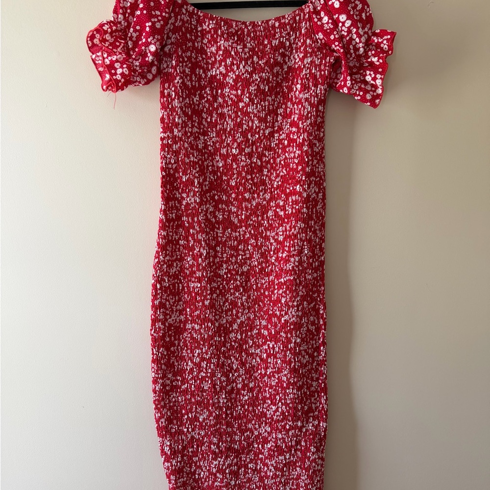 SHEIN Red and White Floral Off-Shoulder Smocked Midi Dress
